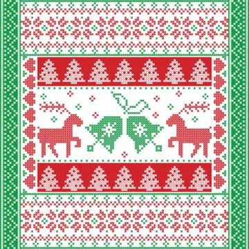 Christmas tile style withe reindeer and bells in red and green Stock Illustration