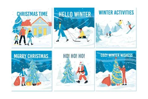 Christmas time and winter activity card set Stock Illustration