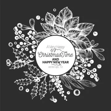 Christmas time hand drawn vector greeting card template. Retro illustration o Stock Illustration