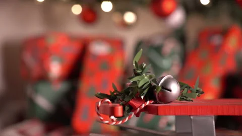 Christmas Time sled decoration. Deep focus bokeh background. Stock Footage 166423971