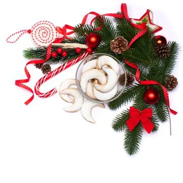 Christmas top view frame composition with copy space - branches, candy cookies Stock Photos