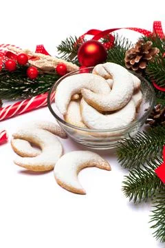 Christmas top view frame composition with copy space - branches, candy cookies Foto stock
