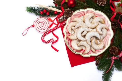 Christmas top view frame composition with copy space - branches, candy cookies Stock Photos