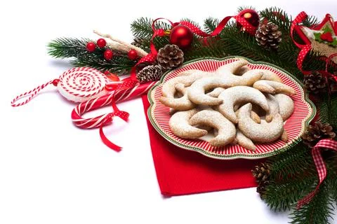 Christmas top view frame composition with copy space - branches, candy cookies Stock Photos