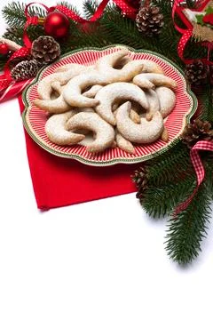 Christmas top view frame composition with copy space - branches, candy cookies Stock Photos