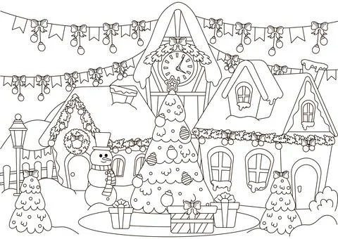 Christmas town with christmas tree and gifts, snowman character and sweets .. Stock Illustration