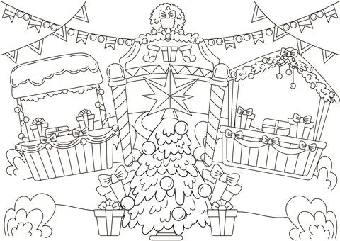Christmas town fair with christmas tree and gifts coloring page for kids an.. Stock Illustration