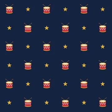 Christmas toy drum seamless pattern with red drums and golden stars on navy blue Stock Illustration