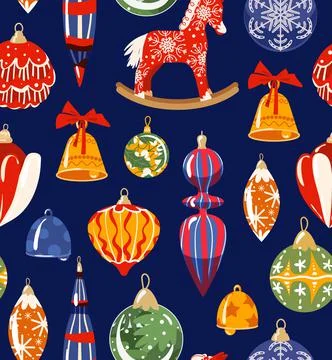 Christmas toys vector seamless pattern with ball, bell. toy horse, red bow イラスト素材