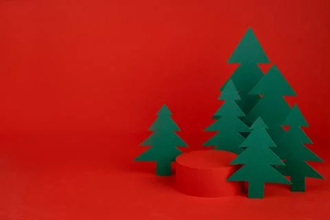 Christmas tradition background with red scene, cylinder podium mockup for pre Stock Photos