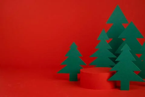 Christmas tradition background - red scene, cylinder podium mockup for presen Stock Photos