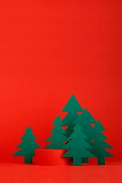 Christmas tradition background - red scene, cylinder podium mockup for presen Stock Photos