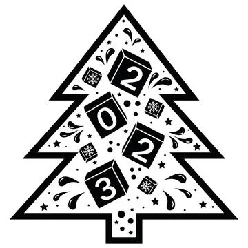 Christmas tree with 2023 and pattern, vector illustration black template Stock Illustration