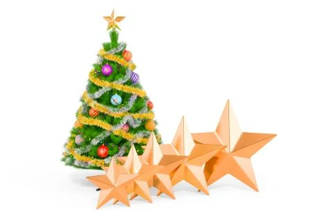 Christmas tree with 5 five golden stars concept, 3D rendering 스톡 일러스트