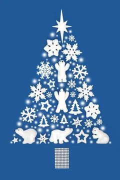 Christmas Tree Abstract with White Polar Bears Snowflakes Stars 스톡 일러스트