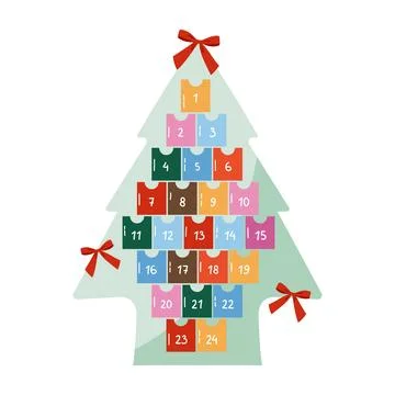 Christmas tree advent calendar with pockets numbered 1 to 24 vector flat il.. Stock Illustration