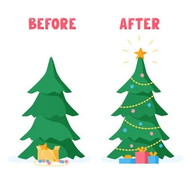 Christmas tree before and after decorating with balls, beads, garlands Stock Illustration