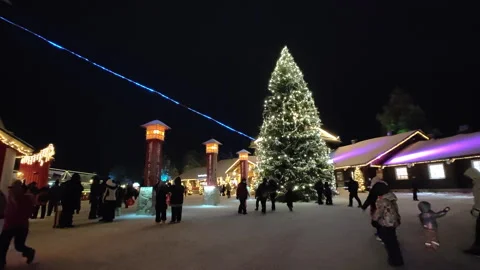 Christmas tree and Arctic Circle posts at night in Santa Claus Village 動画素材 344834518