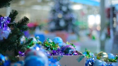 Christmas Tree and bulbs at store Stock Footage 70342764