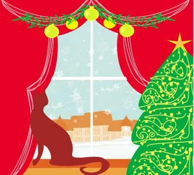 Christmas tree and cat at window Stock Illustration