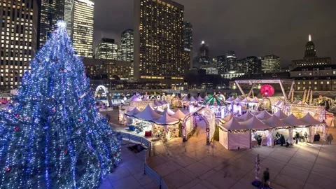 Christmas tree and Cavalcade of Lights at Nathan Philips Square - Time Lapse Stock Footage 224513512