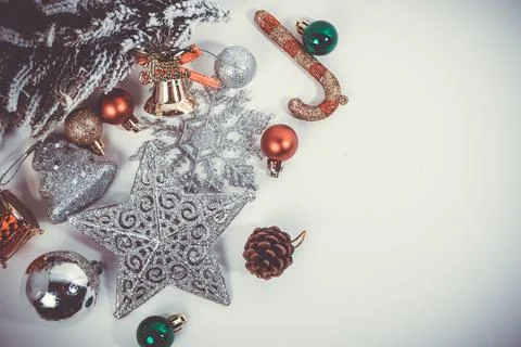 Christmas tree and decorations on white background Stock Photos