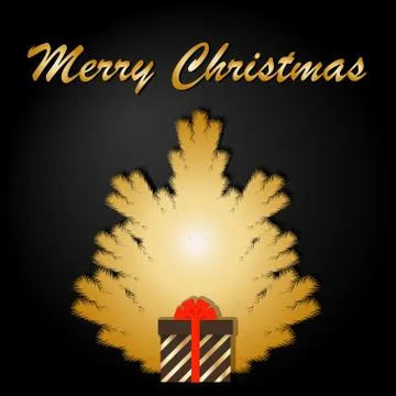 Christmas tree and gift box. Minimalistic design Christmas card in black and  Stock Illustration