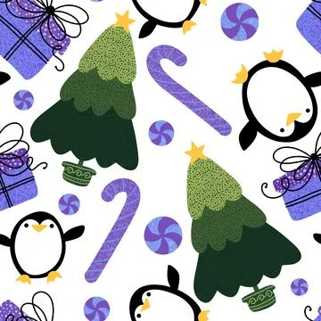 Christmas tree and gift box seamless penguin pattern for wrapping paper イラスト素材