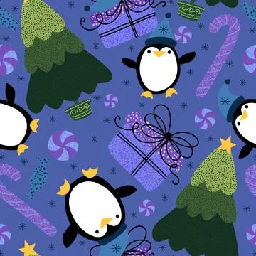 Christmas tree and gift box seamless penguin pattern for wrapping paper イラスト素材