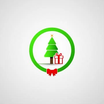 Christmas Tree and Gift Box in a Festive Green Circle Icon Stock Illustration