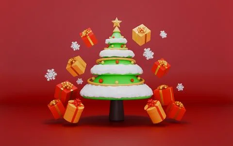 Christmas tree and gift box on red background 3d illustration Stock Illustration