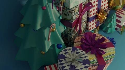 Christmas tree and gift boxes with shiny ball, tilt and pan camera. Stock Footage 121436793