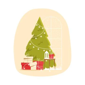 Christmas tree and gift boxes, decoration lamp amd garland. Christmas and new Stock Illustration