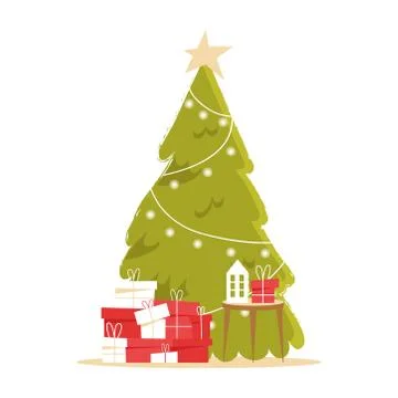 Christmas tree and gift boxes, decoration lamp amd garland. Christmas and new Stock Illustration