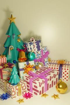 Christmas tree and gift boxes with shiny ball with empty space. Stock Illustration