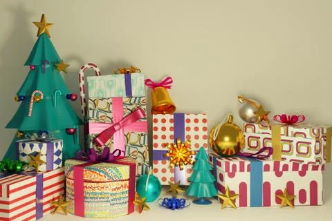 Christmas tree and gift boxes with shiny ball with empty space. Stock Illustration