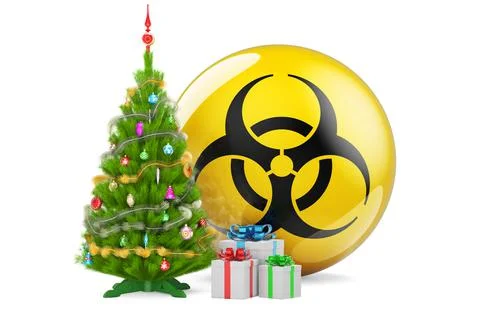 Christmas tree and gift boxes with bio hazard sign, 3D rendering Stock Illustration
