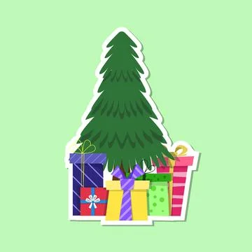 Christmas Tree and gift boxes sticker illustration Stock Illustration