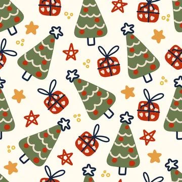 Christmas tree and gift boxes seamless holiday pattern, winter merry Christmas Stock Illustration