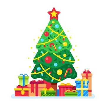 Christmas tree and gift boxes. Xmas present under green fir trees, gifts bo.. Stock Illustration