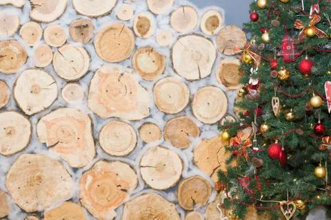 Christmas tree and gift boxes. Holiday decorations with copy space Stock Photos