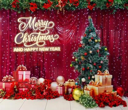 Christmas Tree and Gift Boxes with Merry Christmas and Happy New Year Sign Stock Photos