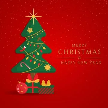 Christmas tree and gift elemant design red background. Stock Illustration