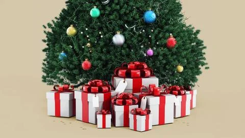 Christmas tree and giftboxes isolated on gold background. 3D illustration 스톡 일러스트