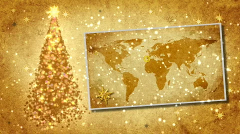 Christmas tree and map of World on the postcard.Retro style. Stock Footage 863079