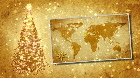 Christmas tree and map of World on the postcard.Retro style. Stock Footage 863088