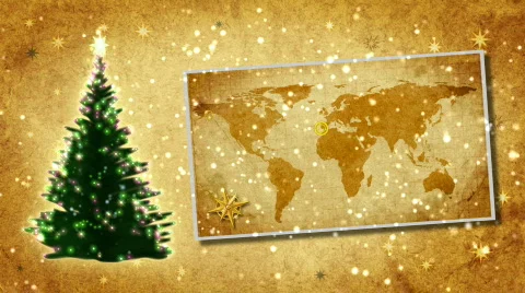 Christmas tree and map of World on the postcard.Retro style. Stock Footage 874340
