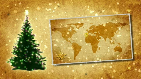 Christmas tree and map of World on the postcard.Retro style. Stock Footage 874343