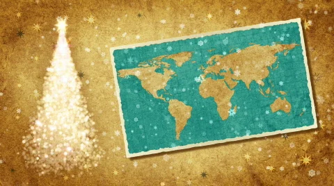 Christmas tree and map of World on the postcard.Retro style. Stock Footage 875545