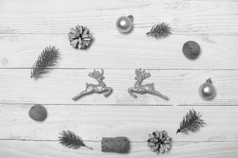 Christmas tree and objects on a white wooden background Stock Photos